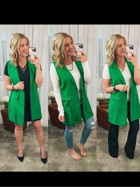RENAUR Sleeveless Long Blazer Jacket Vest Solid Lapel Open Cardigan Pockets